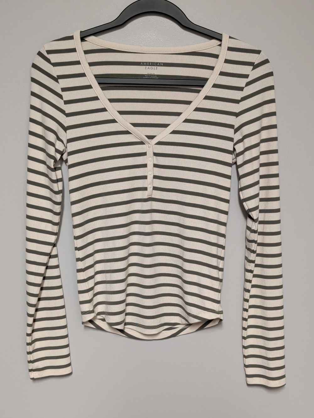 American Eagle Outfitters Cream and Green Striped Long Sleeve Henley Top